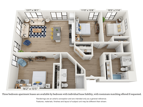 Floor plan for 3 beds, 2 baths, 1463 sqft